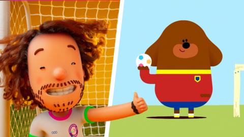 Animated Joe Wicks from Activate by Joe Wicks stands in front of a football goal net making a thumbs up with Duggee stood in a football kit on the right.