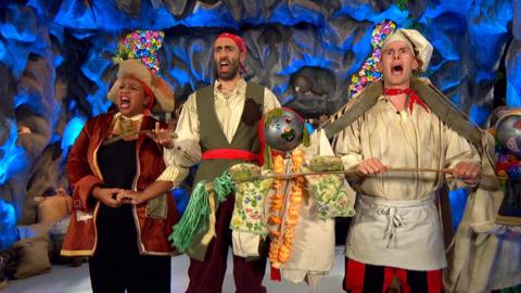 Captain HeyHo, Cook and Line are lined up singing