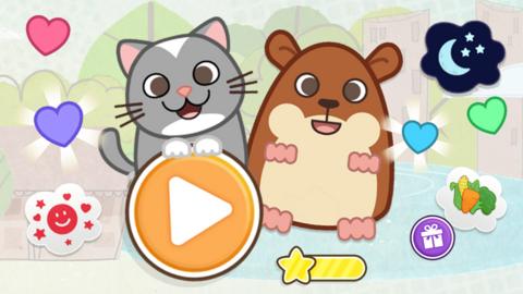 Image of a kitten and a hamster surrounded by different in-play buttons from the My Pet Friends game on CBeebies.