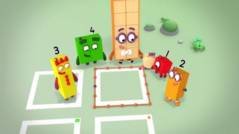 Numberblocks One to Four and Twenty look at four square shapes taped on the floor, with their colour-coordinated zoom bugs waiting on each left-hand lower corner, waiting for the race to measure the perimeter to begin.
