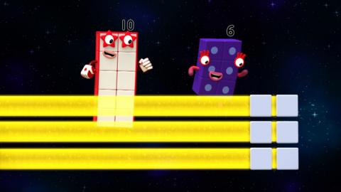 Numberblocks Ten and Six float in space, cheering as a satellite panel of six squares zooms past with yellow thrusters..