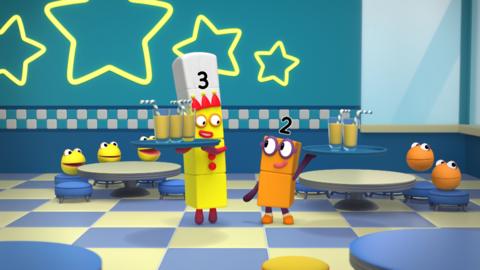 Numberblocks Two and Three holding trays, with 2 and 3 smoothies each. Behind them, two tables of blue characters sit and wait for their smoothies excitedly.