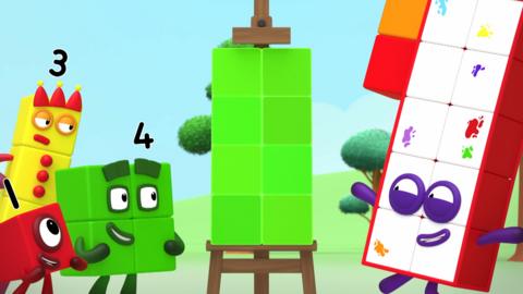 Numberblocks One, Four and Seventeen look happily at Four's green canvas, perfectly filled with squares without gaps. Meanwhile, Three looks on, unimpressed.