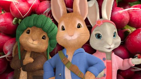 Peter Rabbit characters in front of a radish background