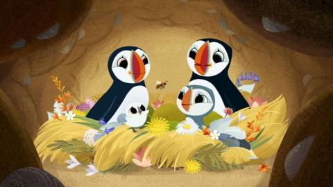 A puffin family in a nest inside a burrow, surrounded by spring flowers.
