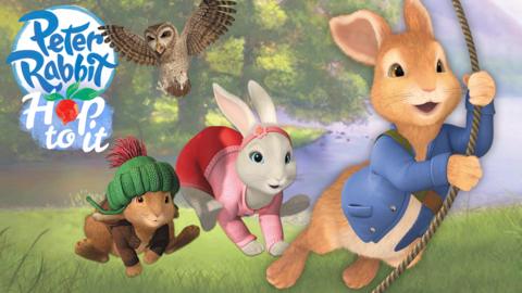 Image of Peter Rabbit and characters with the Peter Rabbit and Hop To It logo on the left.