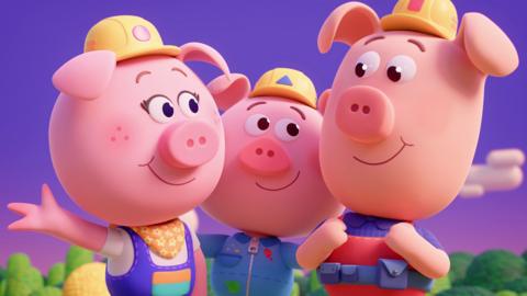 Image of three pigs smiling with their arms out
