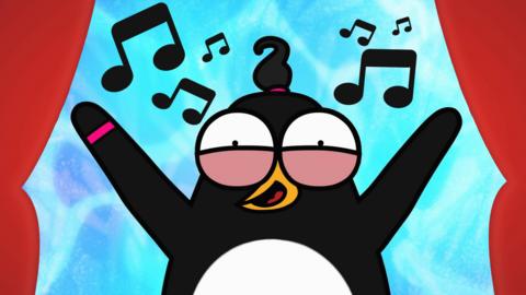 Nugget, a cartoon penguin with a pony tail on the top of her head and a pink bracelet, smiles with arms wide.