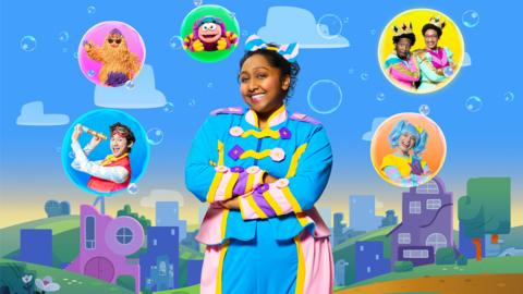 Image of Bella surrounded by characters from Playtime Towers.