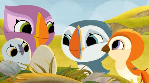 Oona and Baba, two Puffin Rock pufflings, are joined by new friends, gathered around a next holding Little Egg.