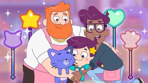 Rafi and her dads embrace in a starry cloud, with potential wands you could create behind them.