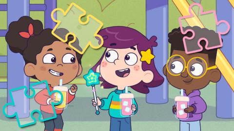 Rafi and her friends smiling with jigsaw pieces surrounding them.