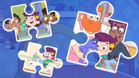 Image containing three jigsaw pieces with a different image from Rafi the Wishing Wizard on a blue background.