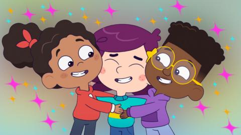 Three friends hug whilst smiling.
