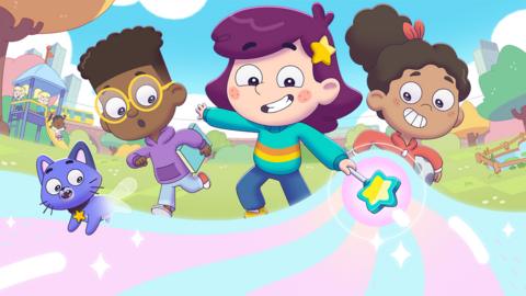Rafi, seven-year-old with a magic wand, swirls the her magic with best friends Finn and Ruby, plus Deborah the purple cat.