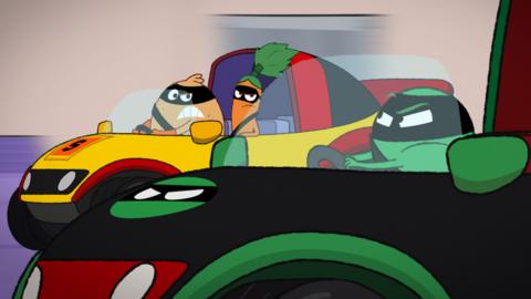 Image of Supertato and carrot in a car racing with Evil Pea.
