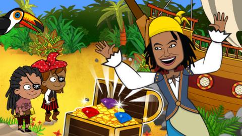 On a desert island beach, Gem the pirate is jumping in front of a shining treasure chest full of gems. There are two young pirates watching.