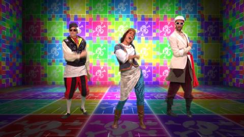 Gem, Cook and Line are doing the Swashbuckle salute against a very colourful checkerboard background