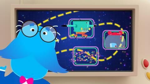 Mr Moustache, a blue character whos face is a large moustache, is wearing glasses and a bow tie, and holding their hand in the air. There are three images of spaceship parts behind them.