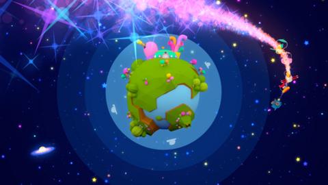 Black skies with stars, a planet and spaceships leaving a pink glitter trail.