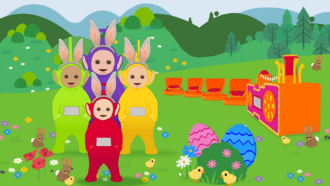 Teletubbies and the Tubby Custard Train in an Easter scene. They are wearing bunny ears.
