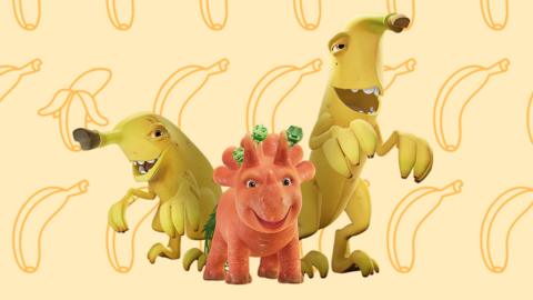 Banaraptors and Ginger Vegesaurs with a background featuring bananas.