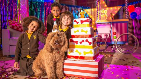 Waffle the dog wearing a hat next to a big Birthday cake and three young children around him