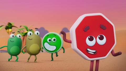 Wonderblocks Stop is talking to Wonderblock Go and two other bean shaped characters.