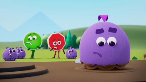 Arty, a large purple blob, appears to the stuck in the mud.