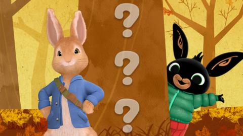 Peter Rabbit and Bing on an Autumn background.