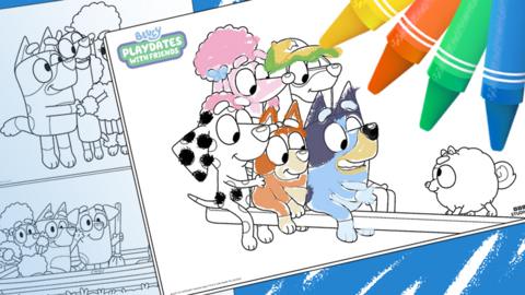 Bluey colouring sheets showing Bluey Playdate with Friends pack.