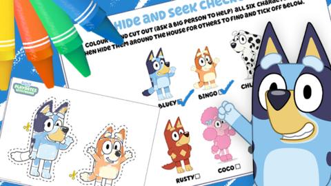 Bluey hide and seek colouring in pages.
