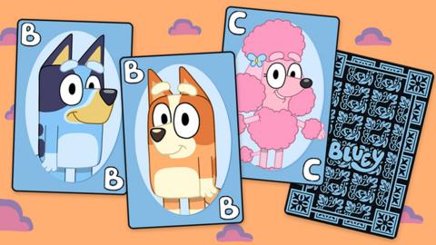 Bluey, Bingo and Coco, illustrations of dogs from Bluey, are playing cards.