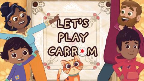 Nikhil and Jay's family, including their parents and cat, celebrate beside a Carrom board.