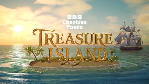 Treasure Island logo on a sandy island in the missdle of some clear blue sea. a pirate ship in the background.
