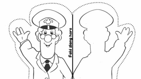 Black and white picture of Postman Pat