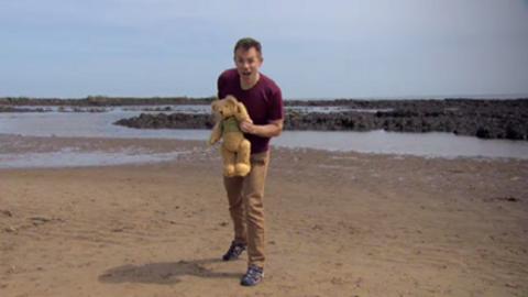 Chris and Teddington on the beach