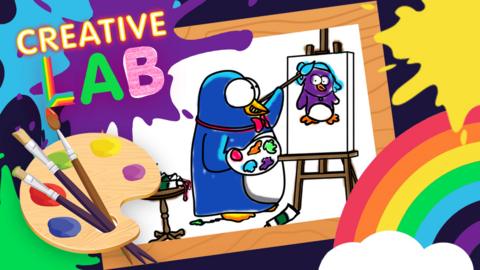 Paint splats, rainbows and a canvas showing a brightly coloured penguin cartoon coloured with splattered paint.