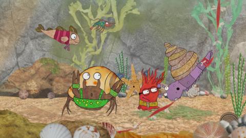 Sidney the snail from Old Jack's Boat: Rockpool Tales being carried by the tail of a kite.