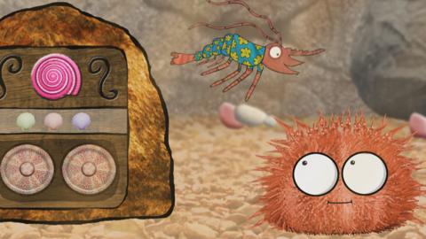 Sheena the shrimp from Old Jack's Boat: Rockpool Tales next to her musical rock and a visitor.