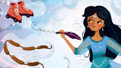 Cymbeline from Cymbeline's Dream Workshop with a quill, some sausages and roller skates.