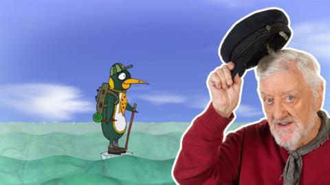 Jack from Old Jack's Boat raising his cap with a penguin wearing a scouting uniform, floating on a lump of ice.