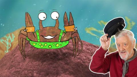 Jack from Old Jack's Boat with Buster the crab, clacking his claws.