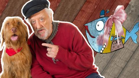 Old Jack pointing at Salty the dog, in front of Mrs Cod wearing a pearl necklace, a ribbon, a hat and a handbag.