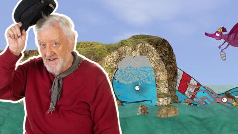 Bluey the Whale stuck in an arch with Old Jack on The Rainbow trying to free him.
