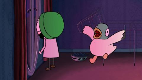 Duck from Sarah and Duck looking surprised while Sarah watches fireworks out of a window.
