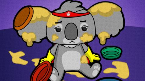 Fluffy McTuffy from The Numtums looking sad, covered in cake mixture.