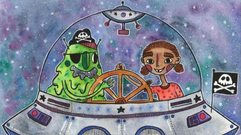 A girl sitting on board a spaceship with a green alien. Both are smiling with their hands on the ship's steering controls. The alien is wearing an eye patch and a pirate hat, and a pirate flag flies from the ship.