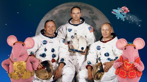 Major Clanger, Neil Armstrong, Michael Collins, Buzz Aldrin in front of an image of the moon. Sky Moo flies in the sky with Tiny and Small Clanger on its back.