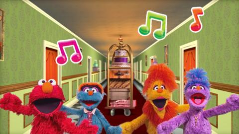Elmo, Furgus, Funella and Phoebe running down a corridor.
